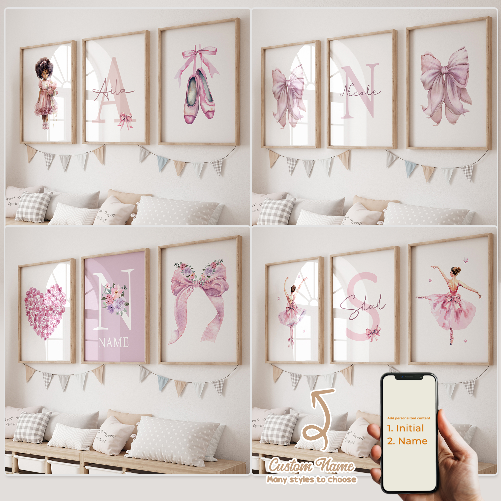 Home Decor On Wall - 3pcs Personalized Custom Name Cartoon Child