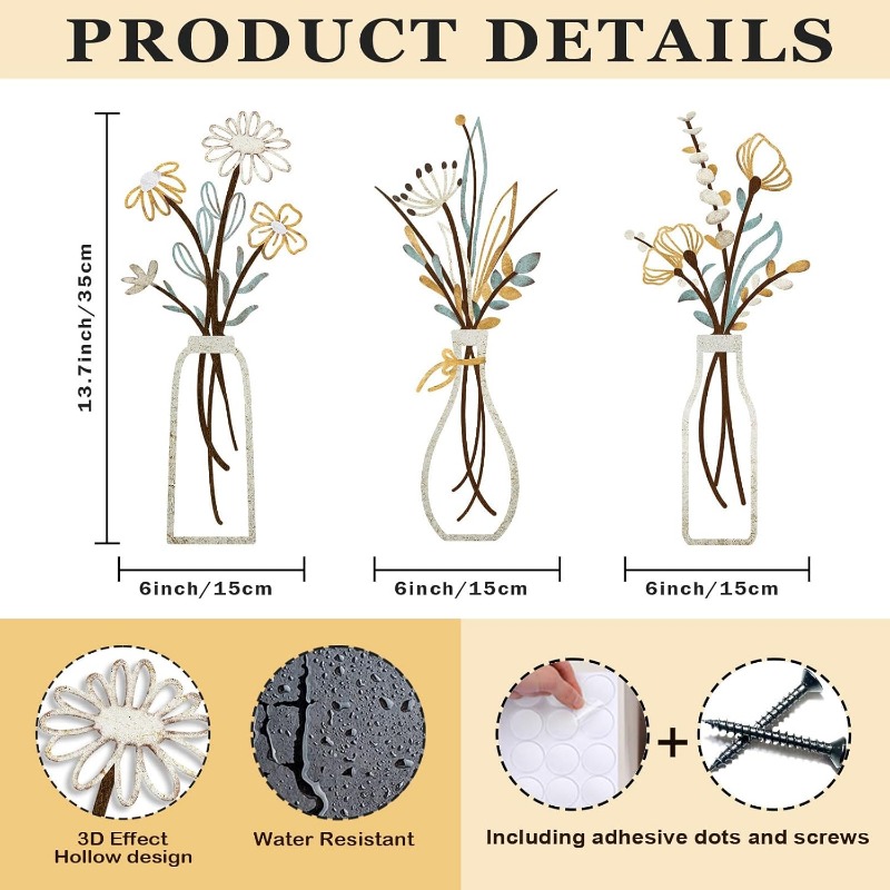 3pcs Metal Flowers Wall Decora - Home Decor Minimalist Style avaliação e preço